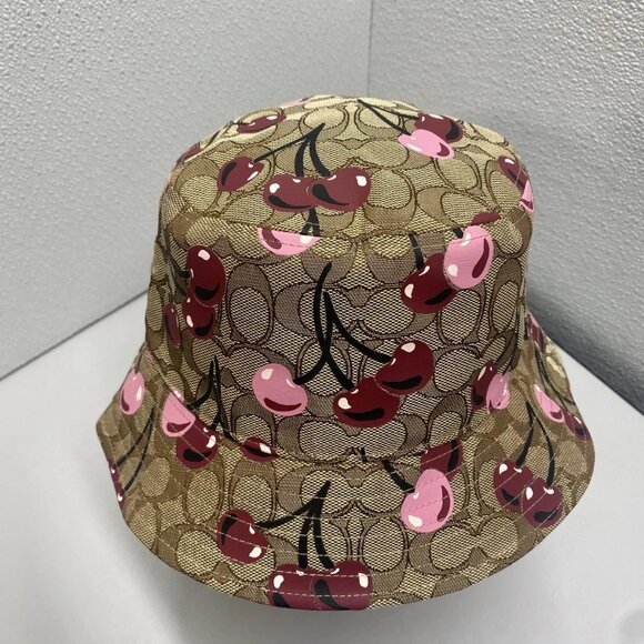 NEW COACH Women’s Signature Cherry Swirl Print Bucket Hat Tan/Merlot Size XS/S - Picture 8 of 10